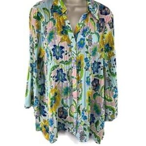 Sunny Leigh Women's Flowy Floral Long Sleeve Vintage Style 60s Pink Blue Top L
